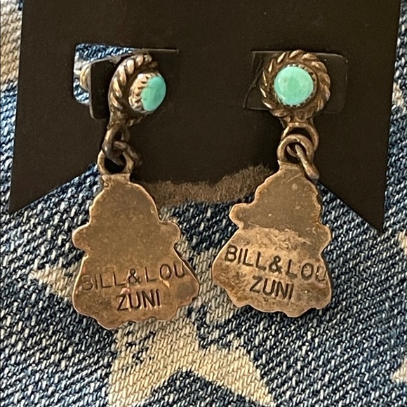 Native American Zuni, Sterling, silver Turquoise Dangle Earrings - Picture 2 of 5